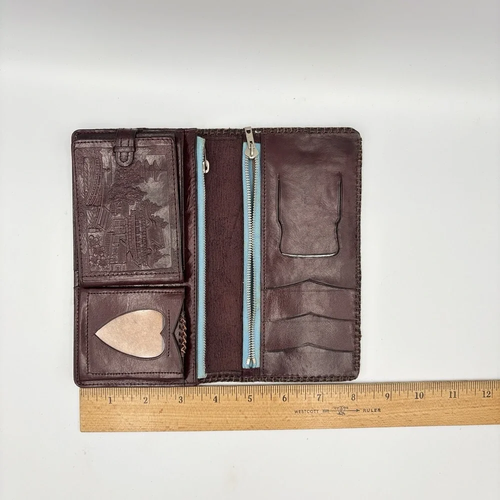 Vintage Embossed Leather Wallet Japanese Japan Map Dragon Bi-fold Dark Brown
